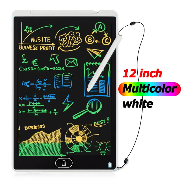 12-inch multicolor writing tablet with a stylus on a white background