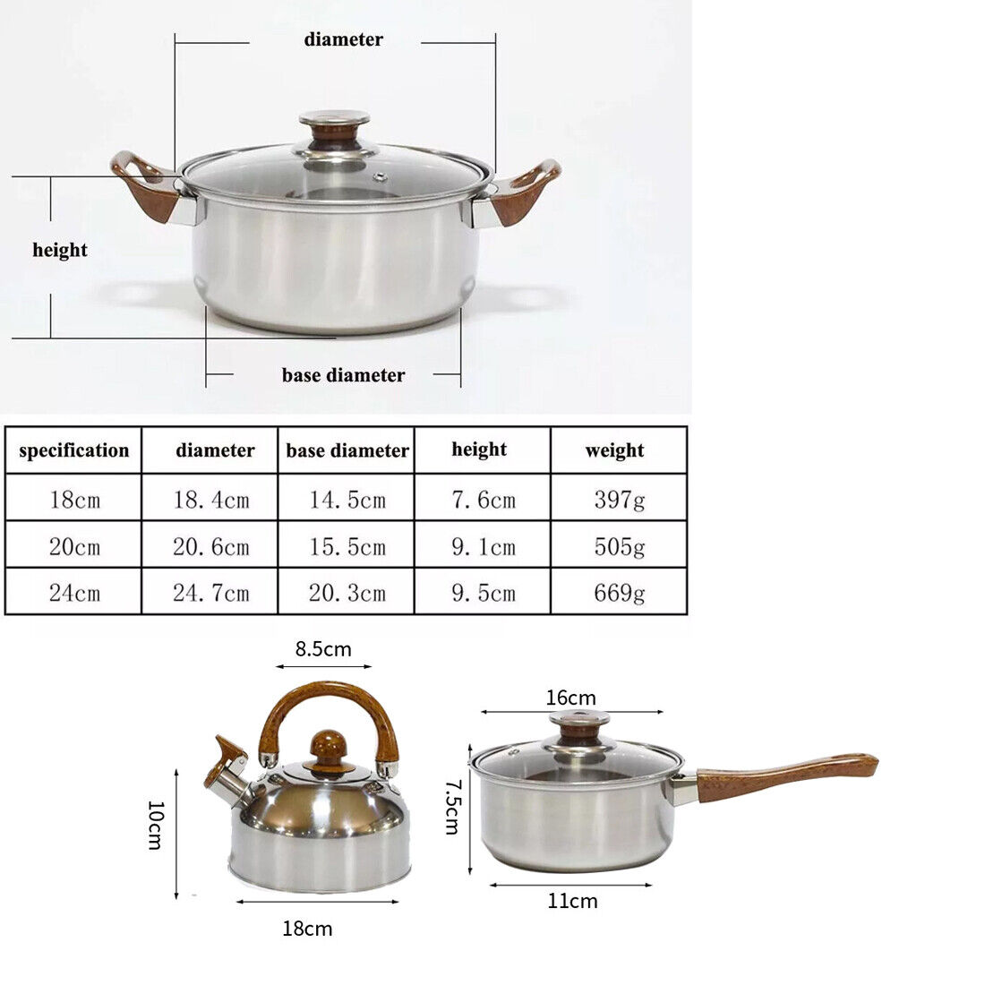 Stainless steel cookware set with dimensions and specifications on a white background