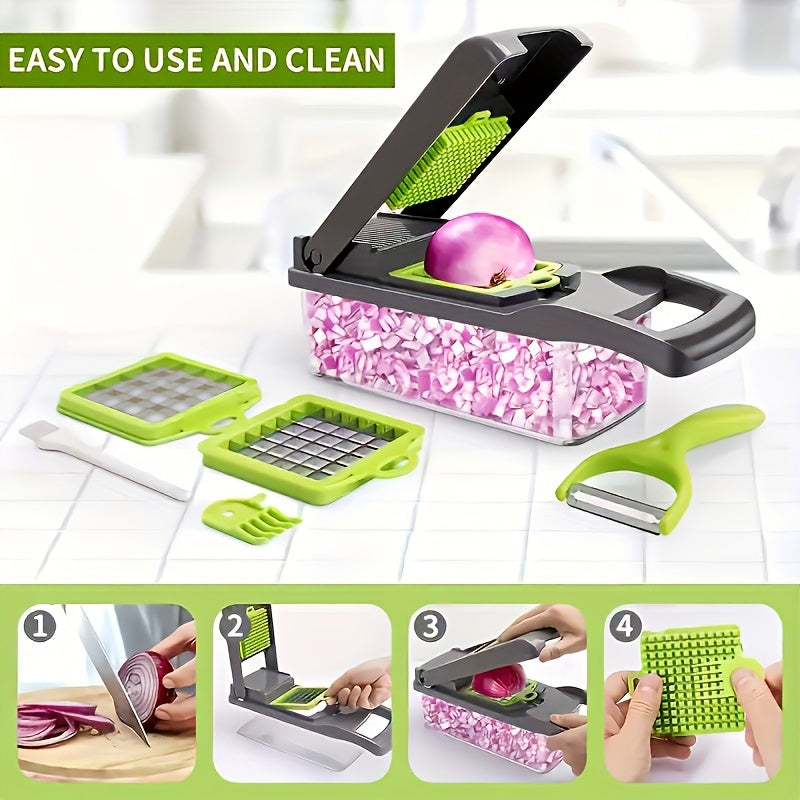Multifunctional kitchen tool with onion dicer, peeler, and storage container on a white background.