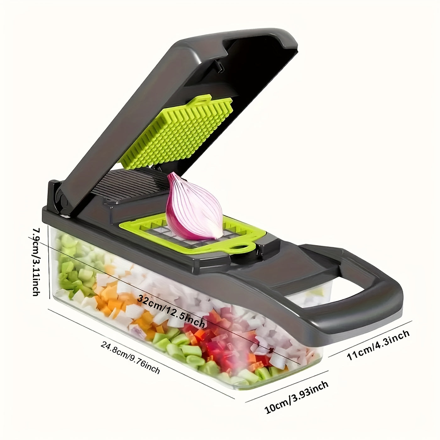 Vegetable chopper with measurements on a white background