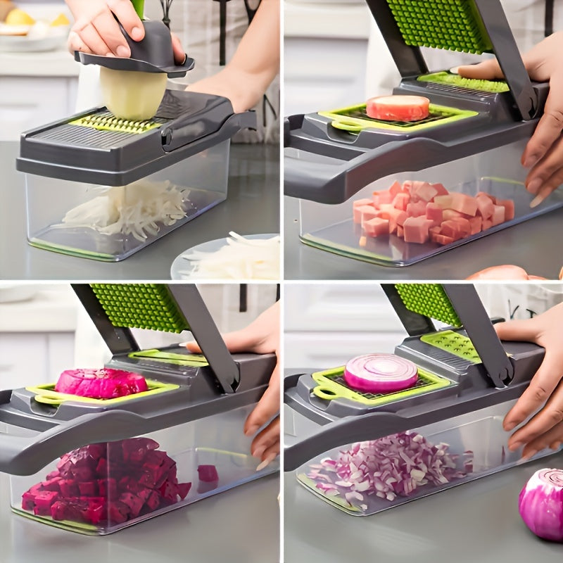 Collage of a person using a multi-functional kitchen tool to slice various vegetables.