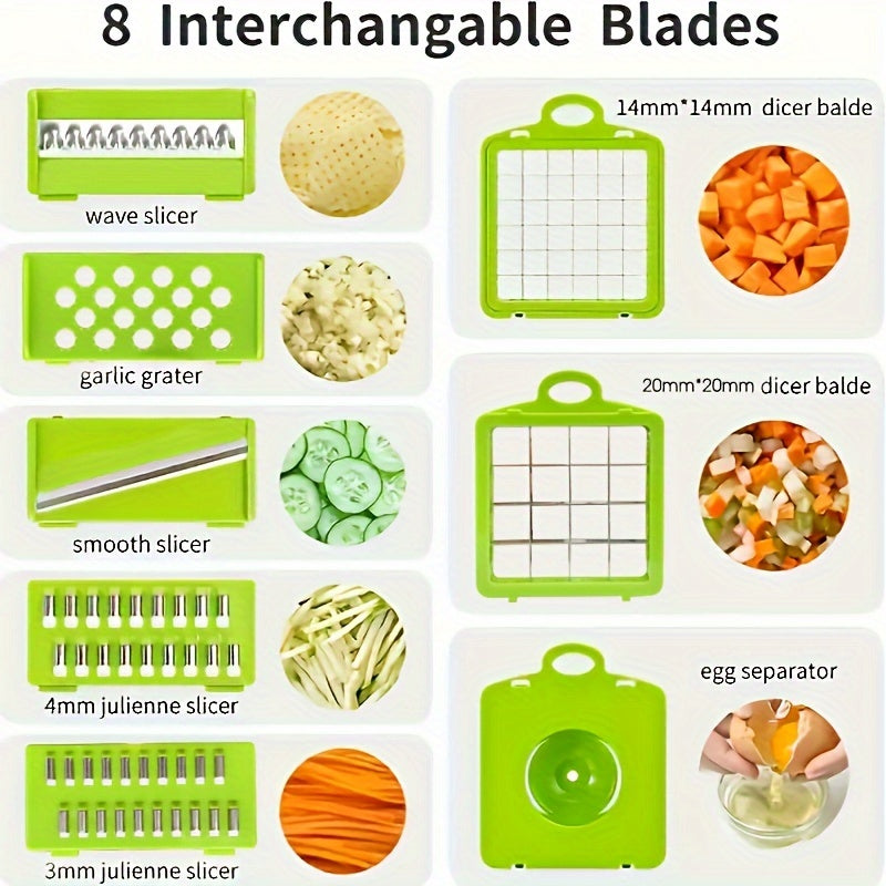 Set of interchangeable blades for a kitchen tool with various attachments and their uses.