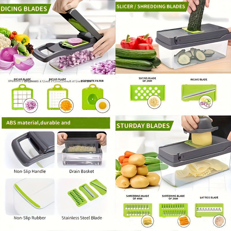 Multifunctional kitchen slicer with various blades and attachments on a white background.