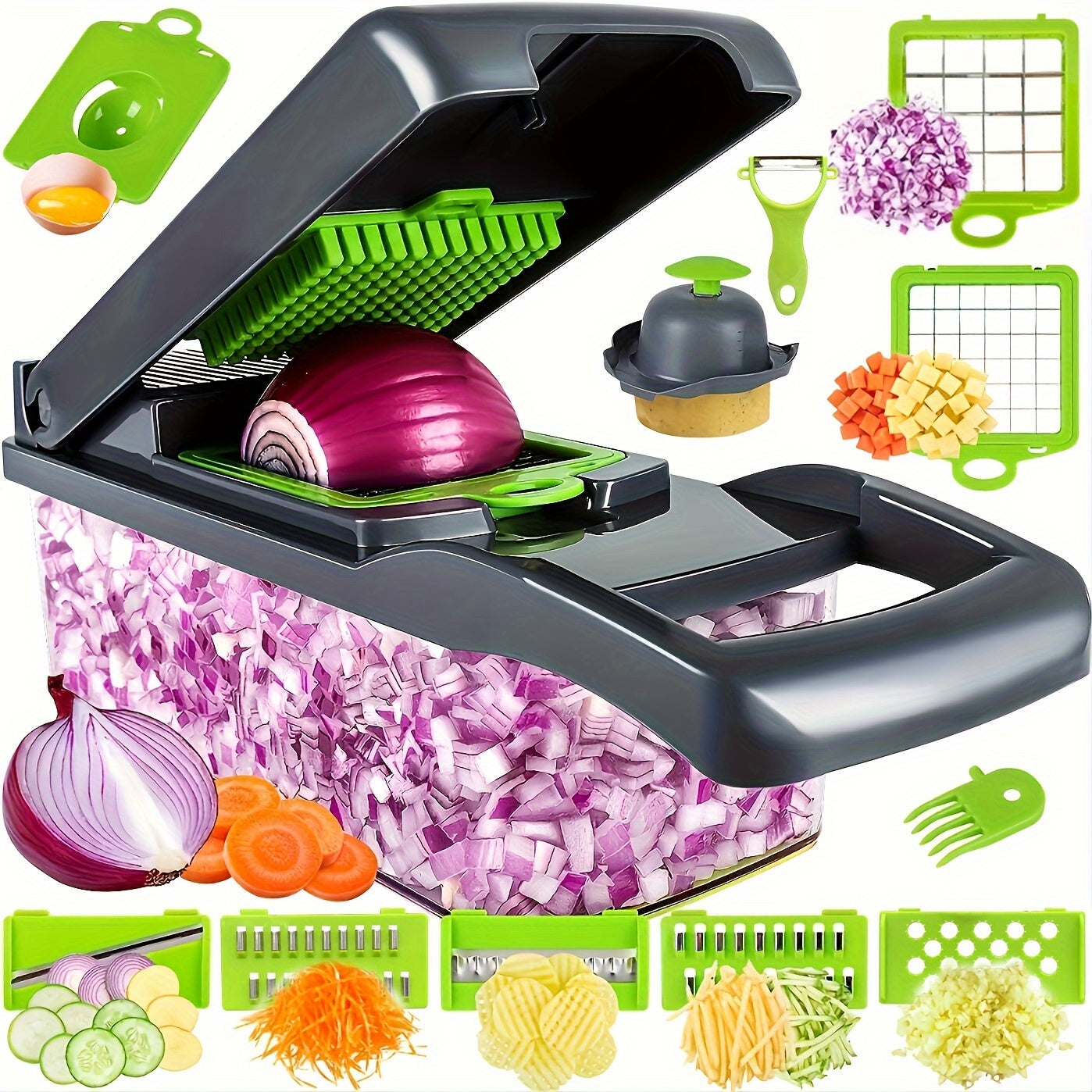 Multifunctional kitchen slicer with various attachments and chopped vegetables on a white background