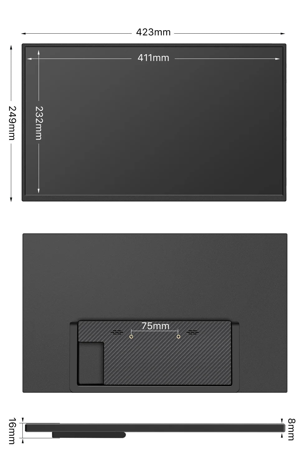 Black rectangular object with dimensions labeled on a white background