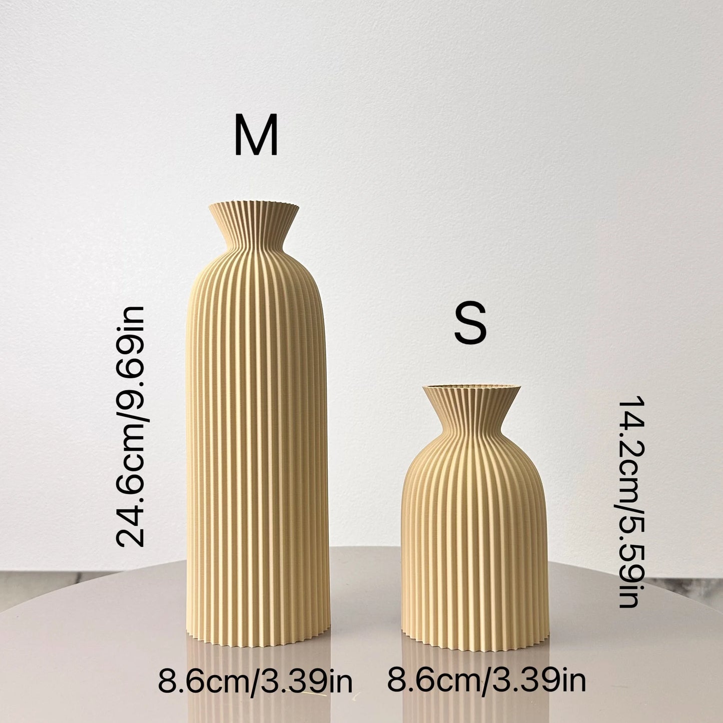 Two beige vases with measurements labeled on a white background