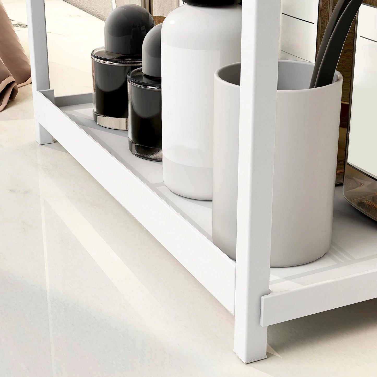 White shelf with black and white cylindrical containers on a light wooden floor.