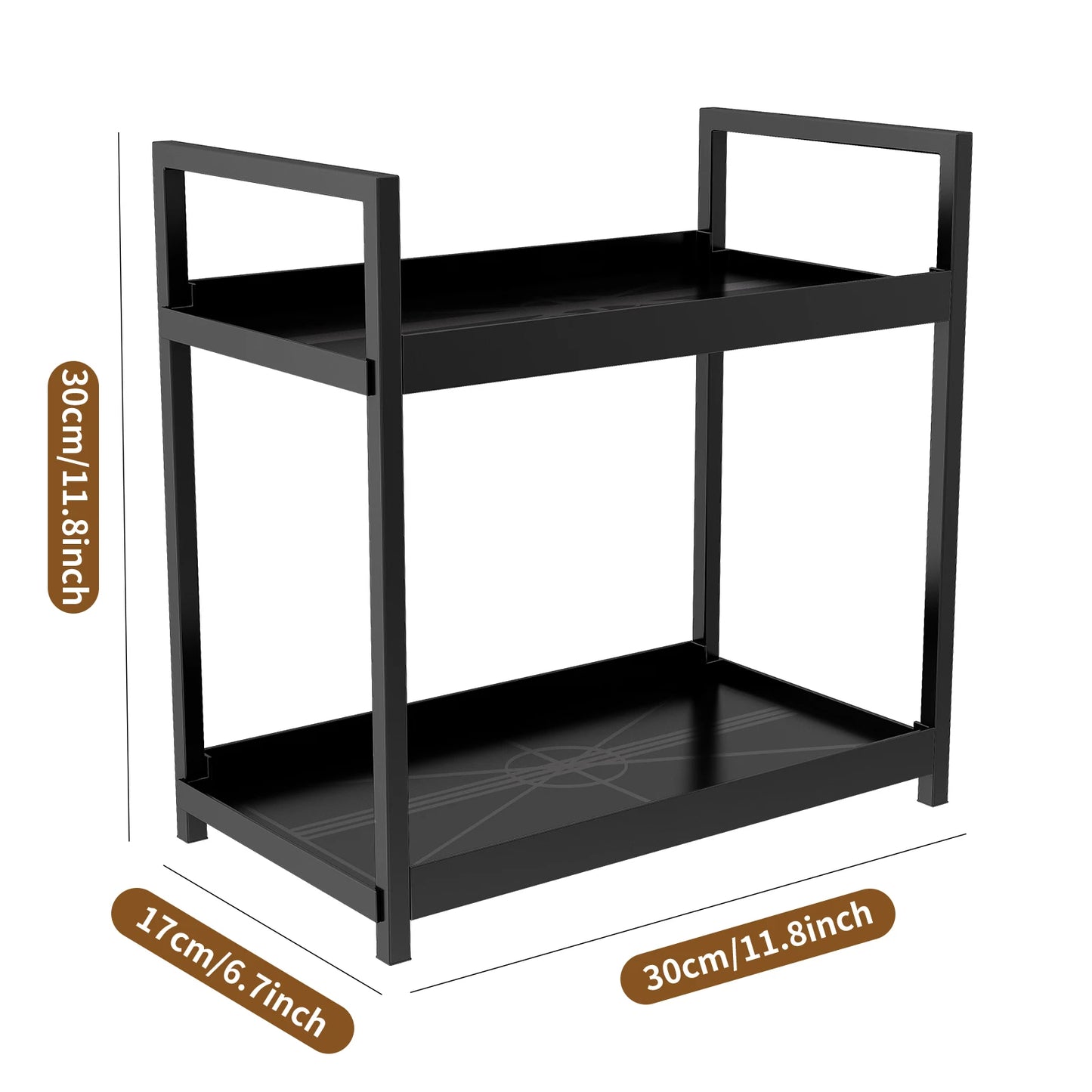 Black metal shelf with dimensions indicated on a white background