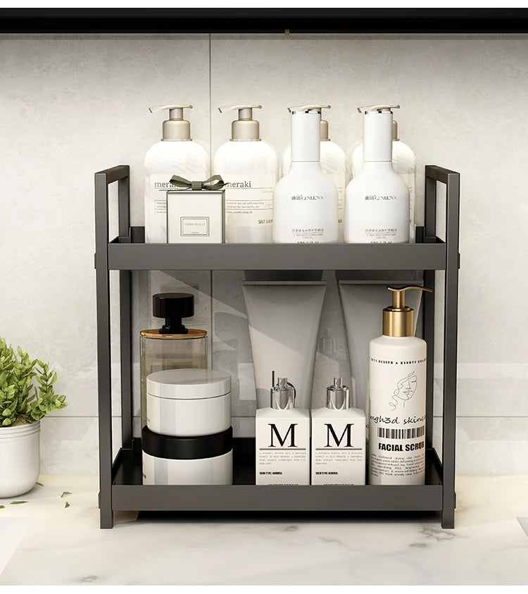 Bathroom shelf with various skincare products on a neutral background