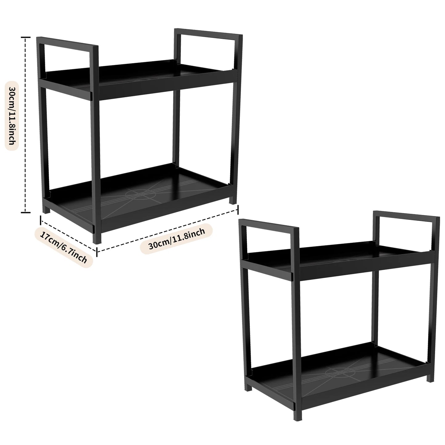 Black metal side table with dimensions on a white background