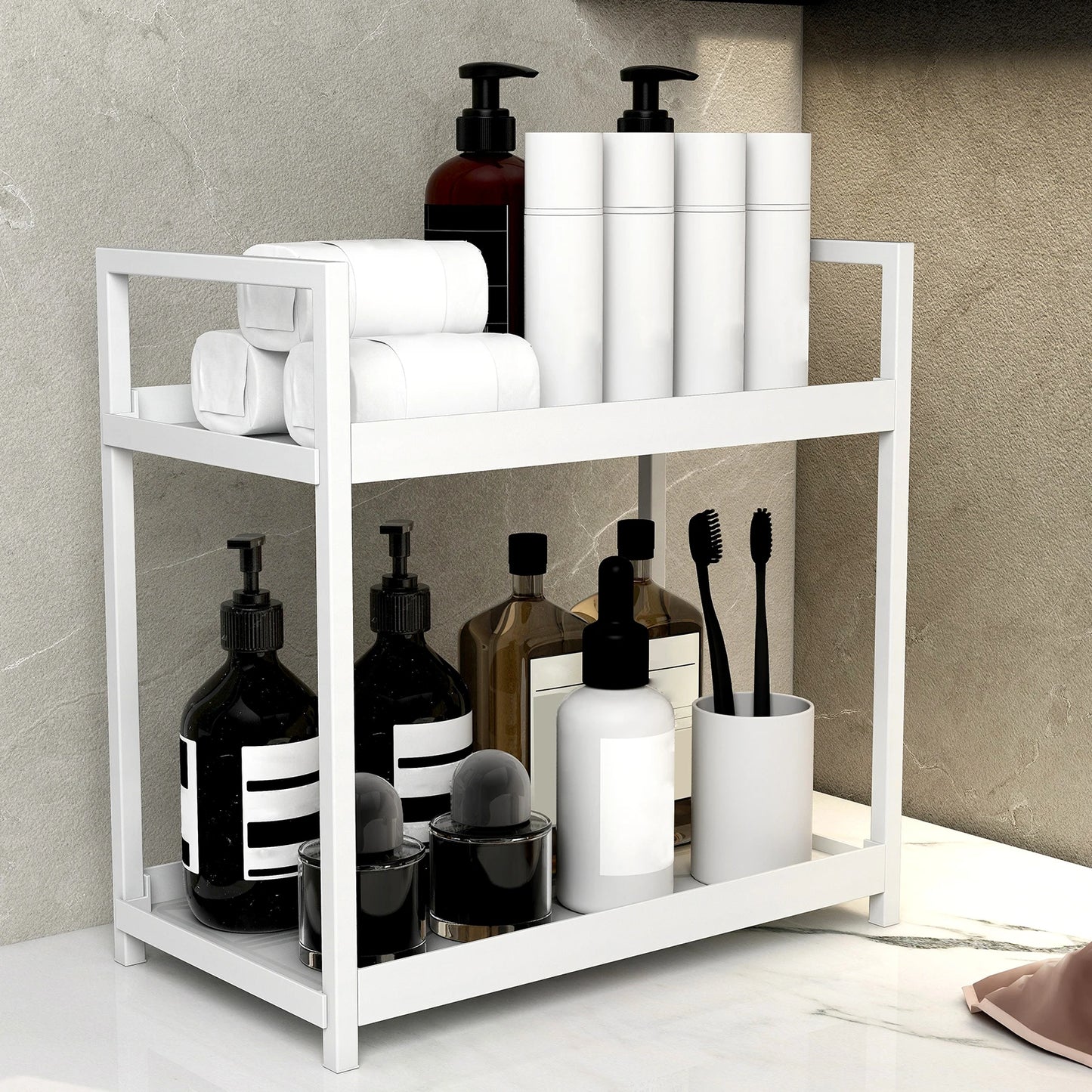 White bathroom shelf with toiletries against a neutral wall
