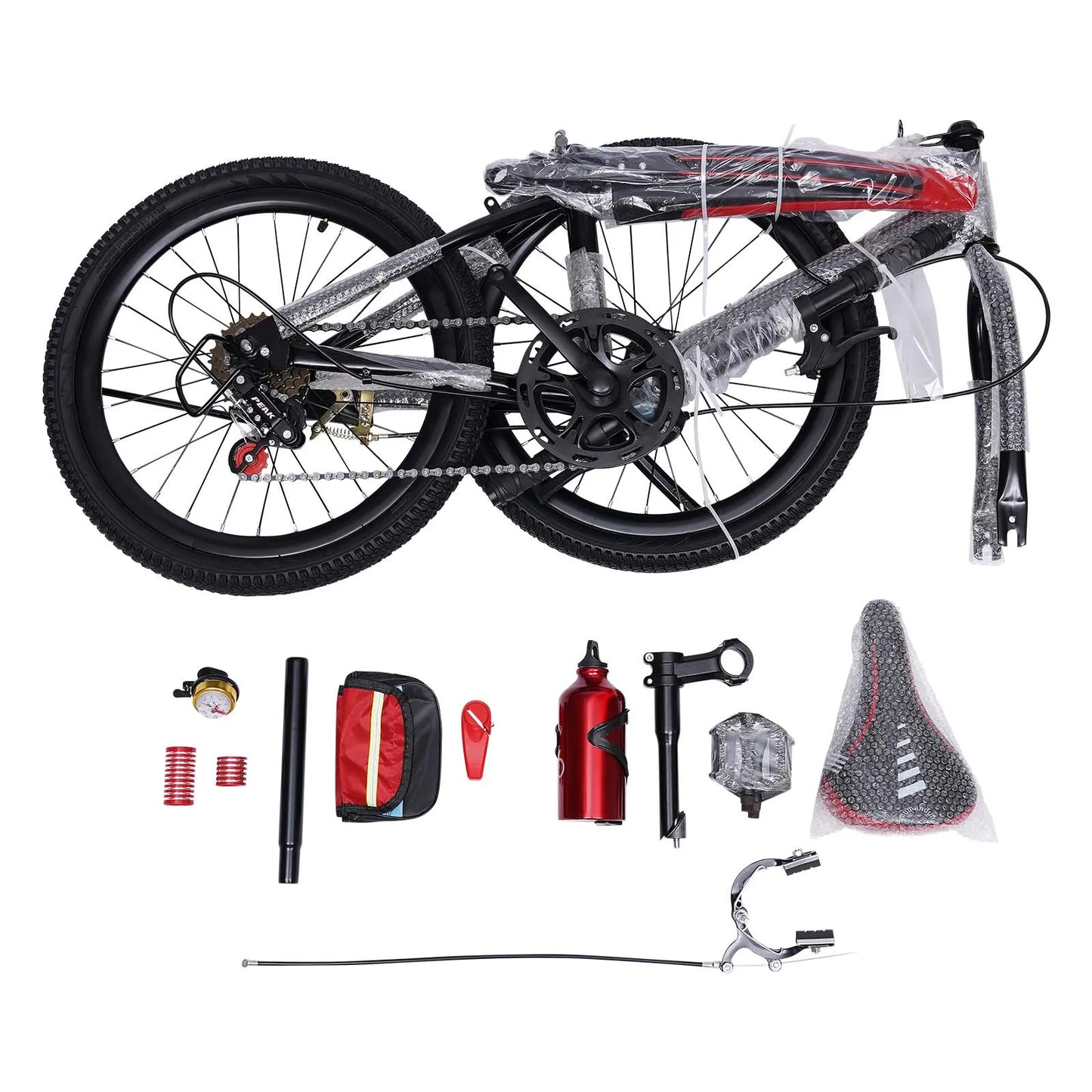 Collage of a bicycle and its components on a white background