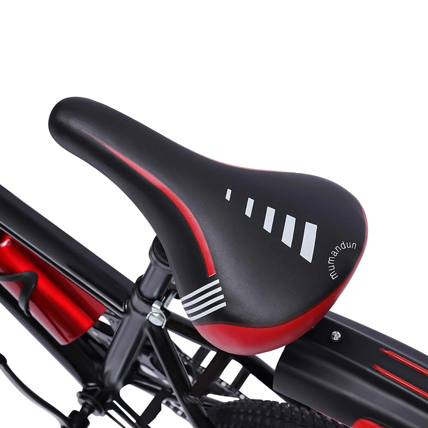 Close-up of a bicycle seat with red and black design on a white background
