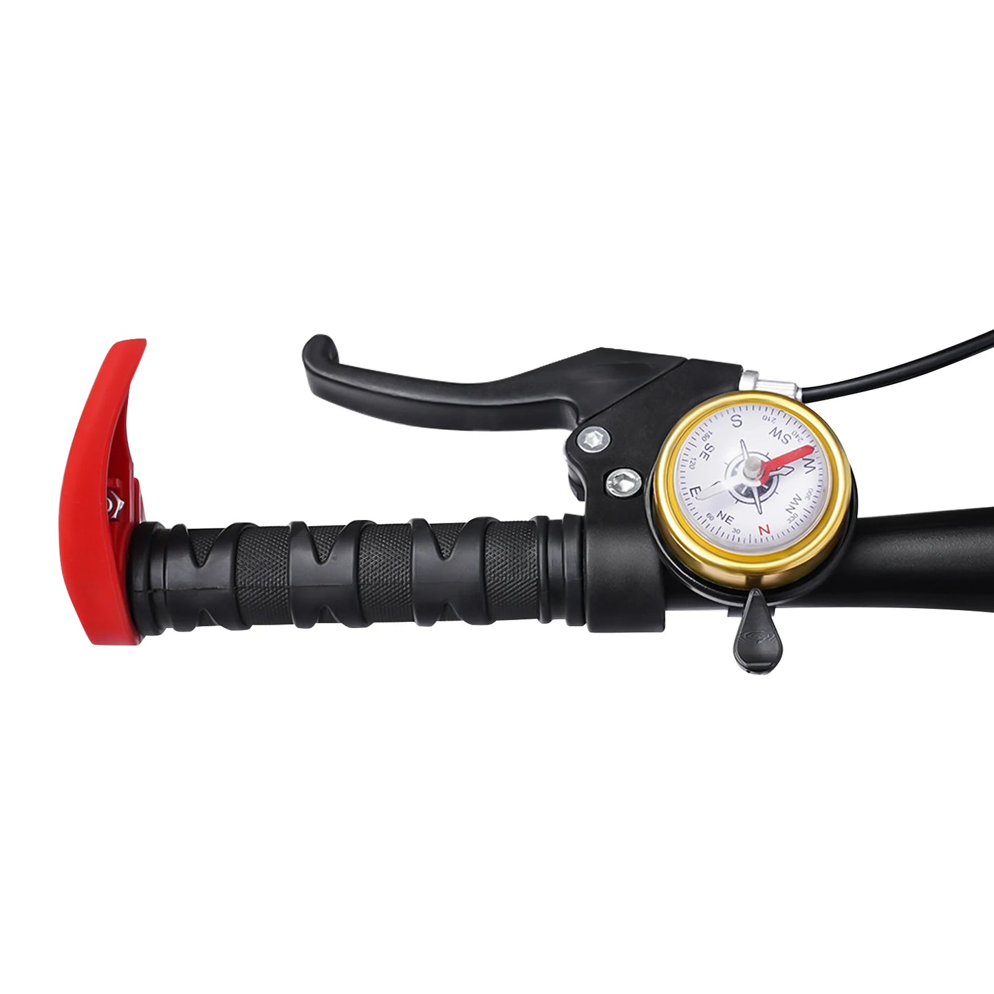 Bicycle handlebar with red grip and black grips on a white background