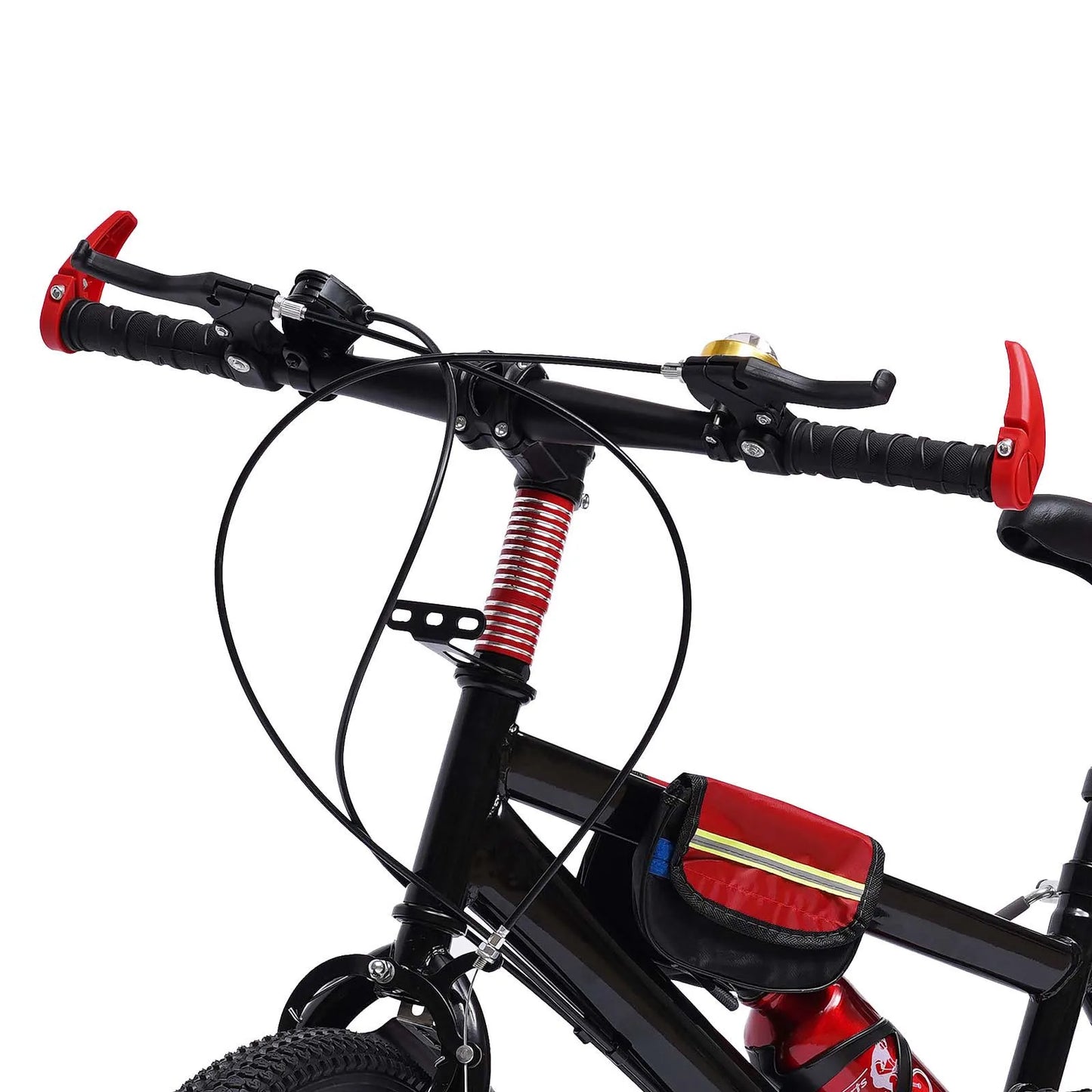 Close-up of a bicycle with red handlebar grips and a small bag on a white background