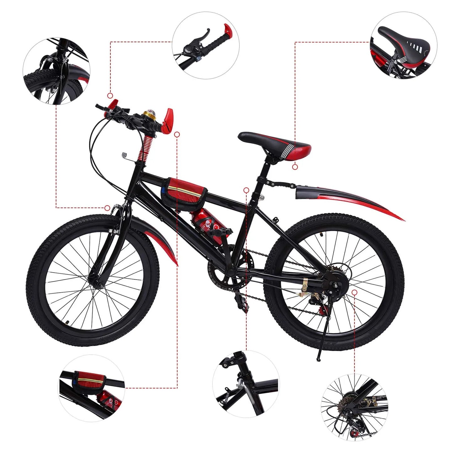 Black and red bicycle with close-up details on a white background