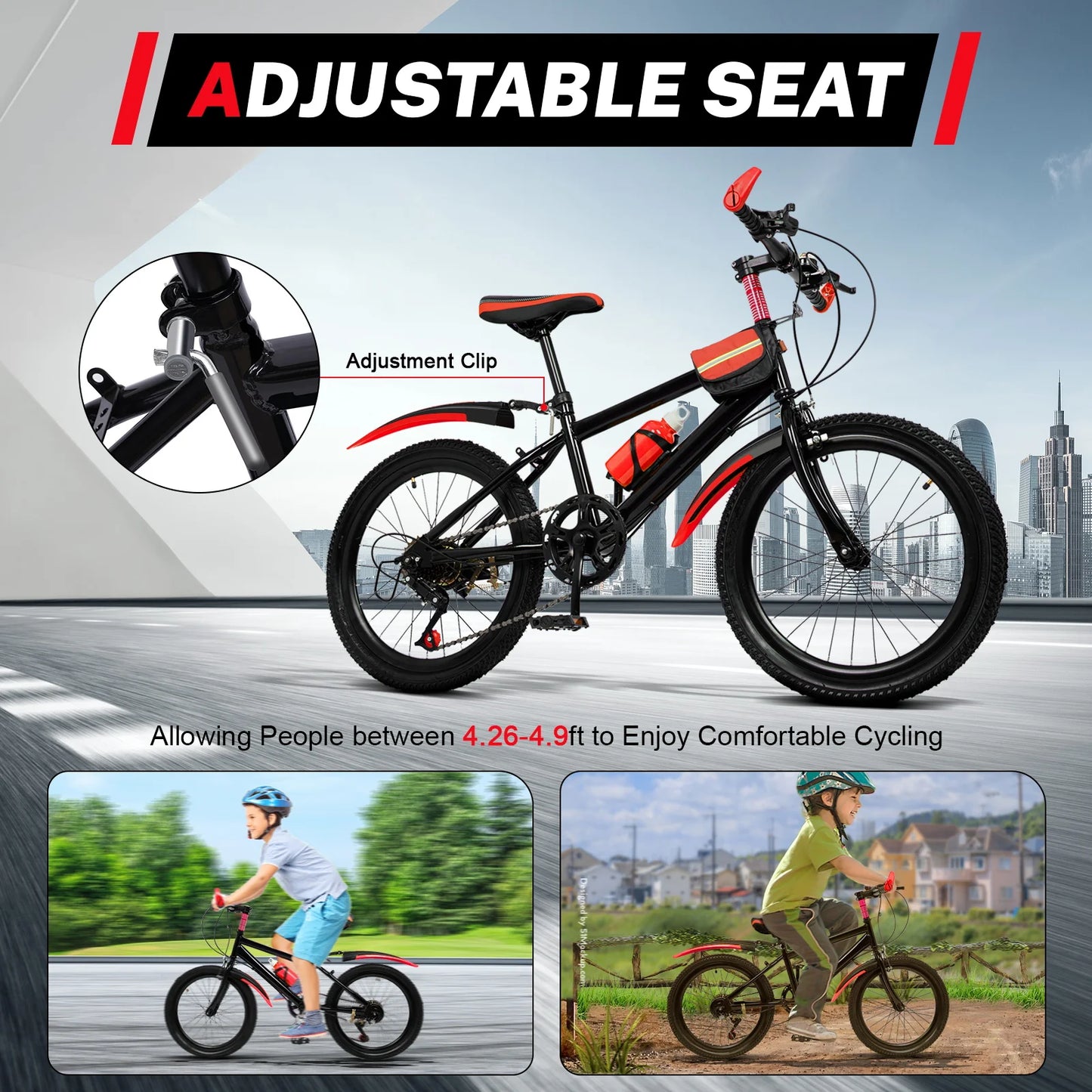 Children's bike with adjustable seat feature, cityscape background