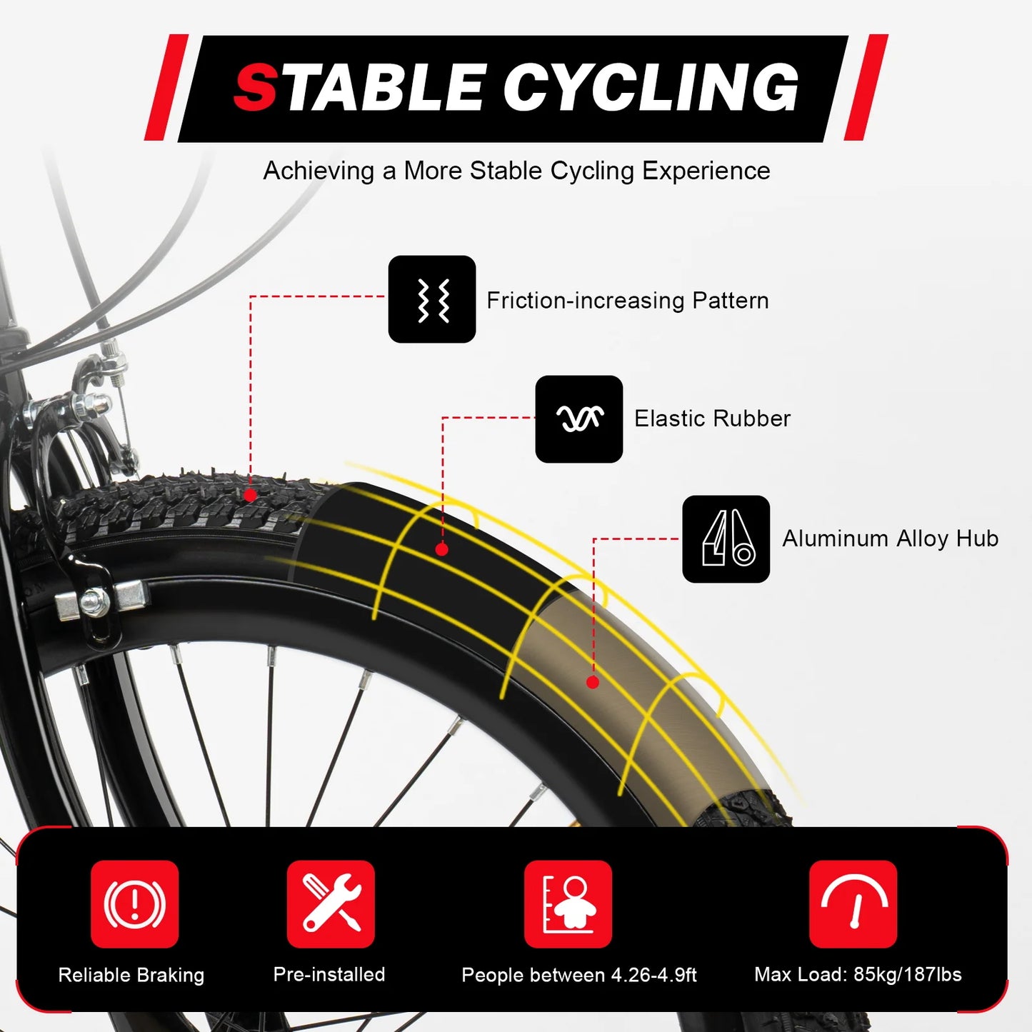 Bicycle tire with features highlighted and 'Stable Cycling' branding.