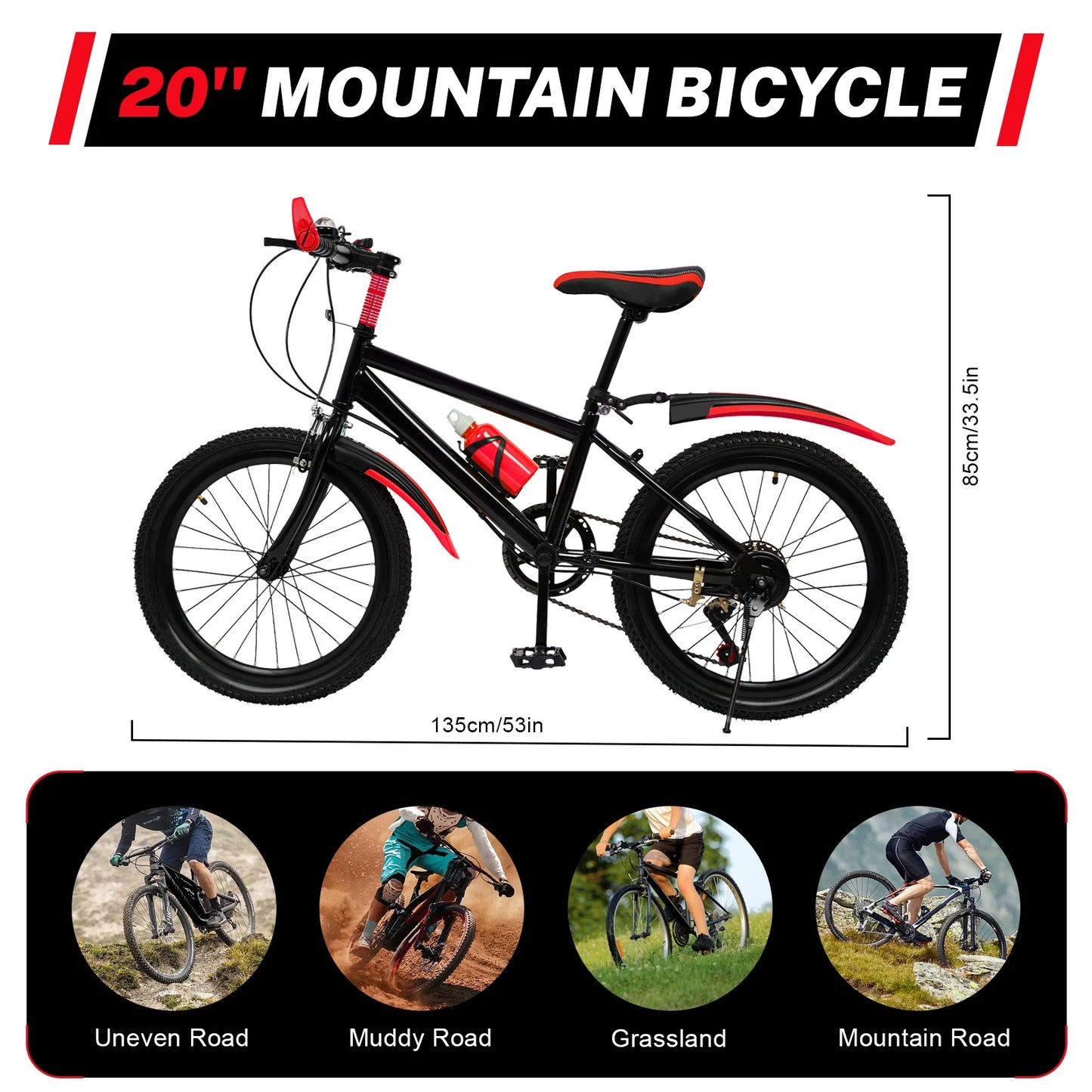 Black and red mountain bicycle with dimensions and usage scenarios on a white background
