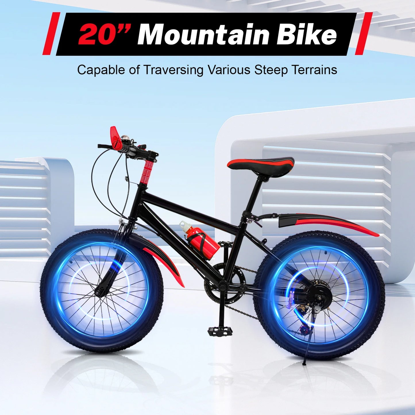 20-inch mountain bike with blue wheels on a white background