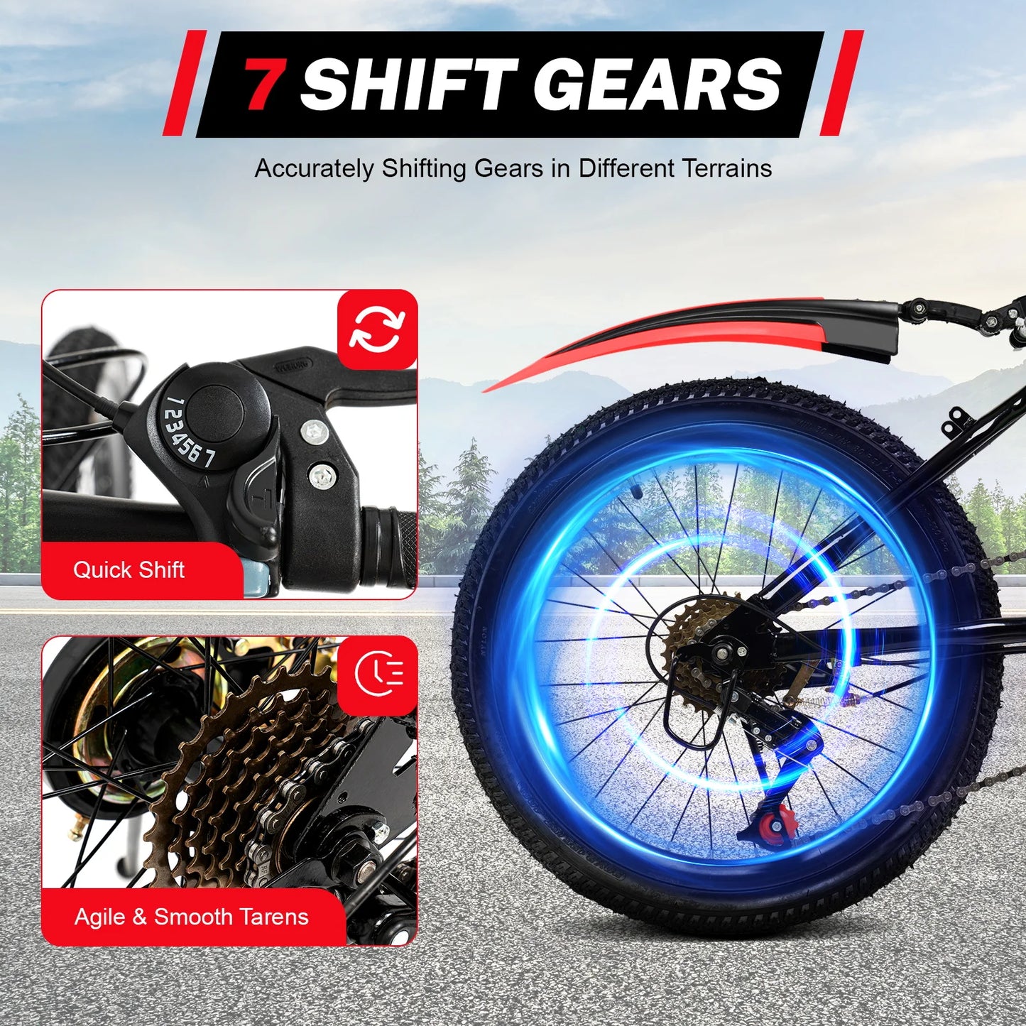 Bicycle with gear shift mechanism and blue rim on a road background