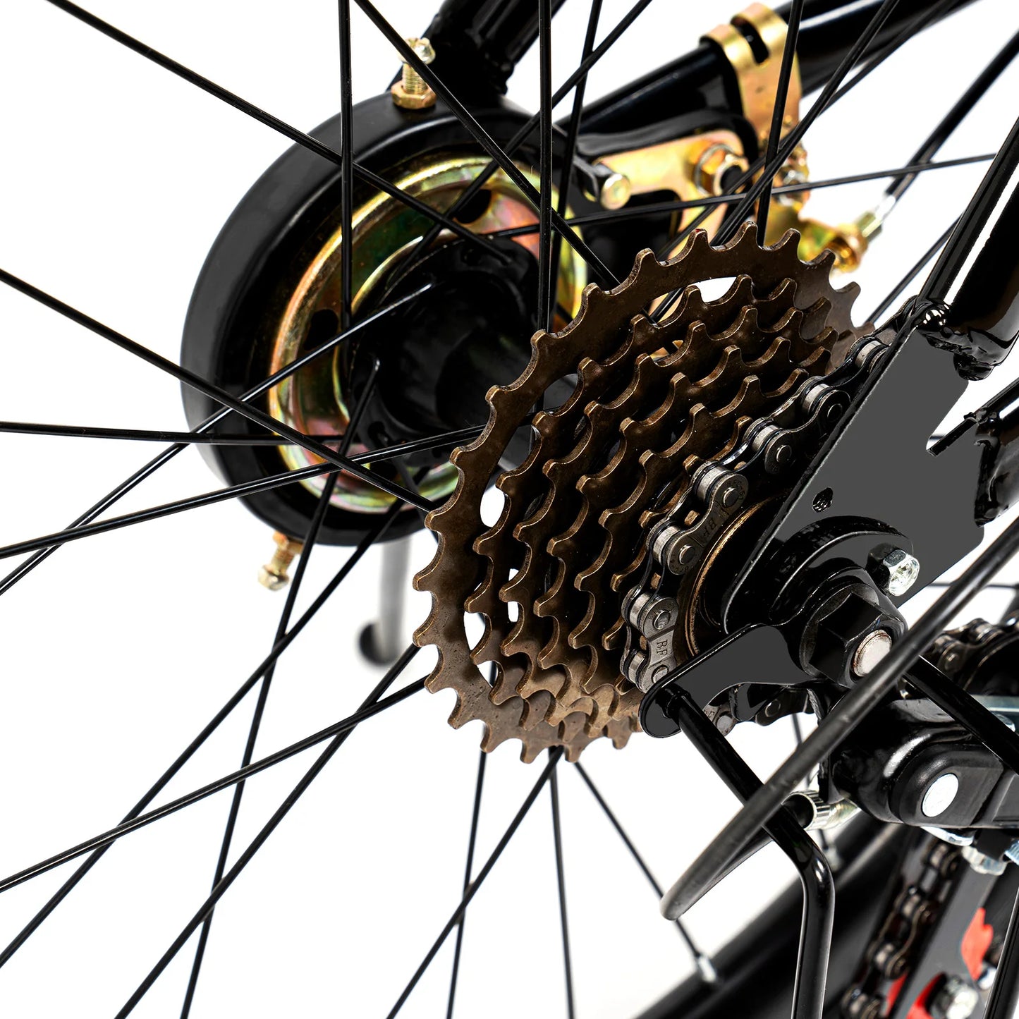 Close-up of a bicycle gear system with a white background