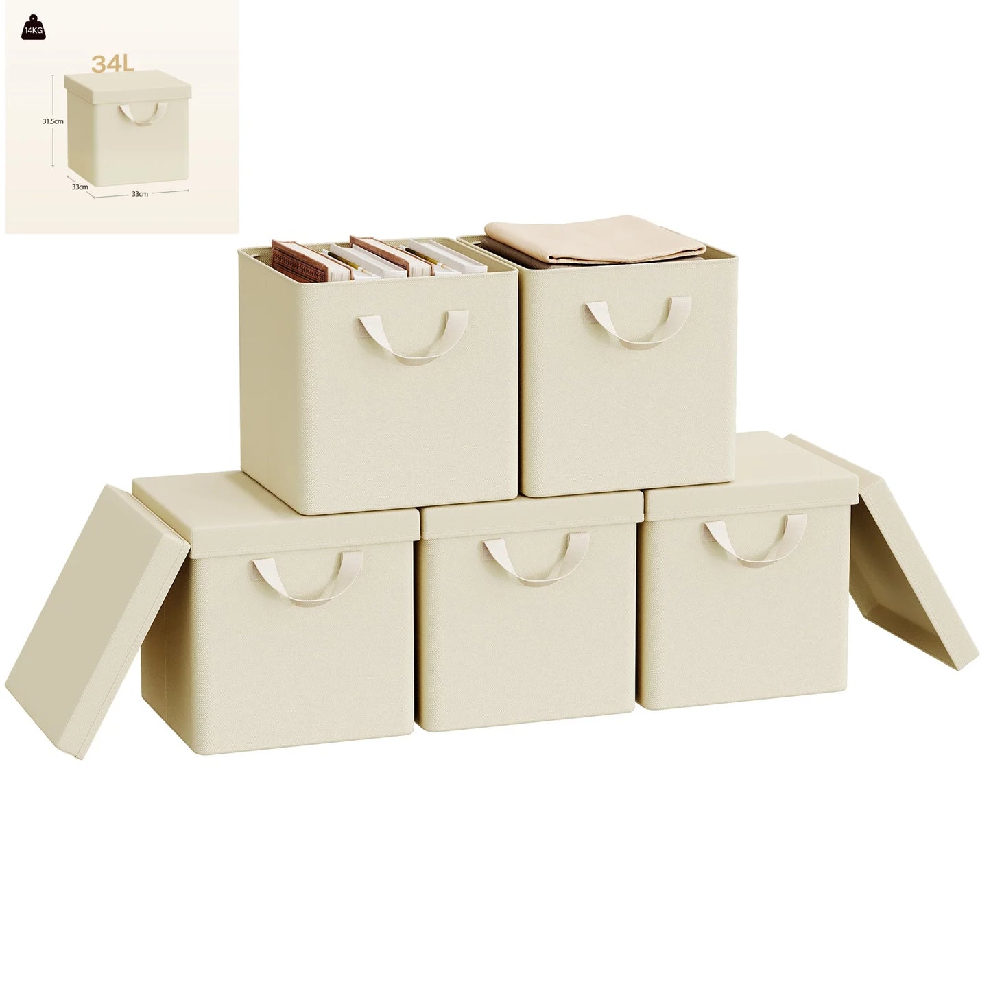 Set of beige storage boxes with lids on a white background