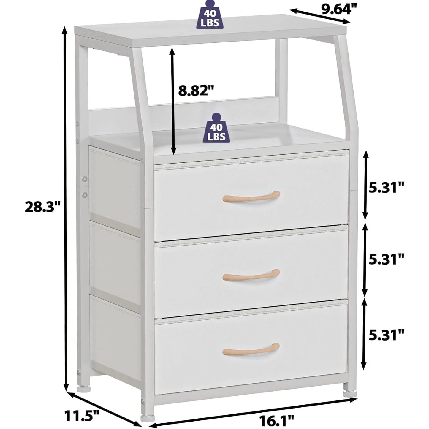 White dresser with three drawers and dimensions labeled on a white background
