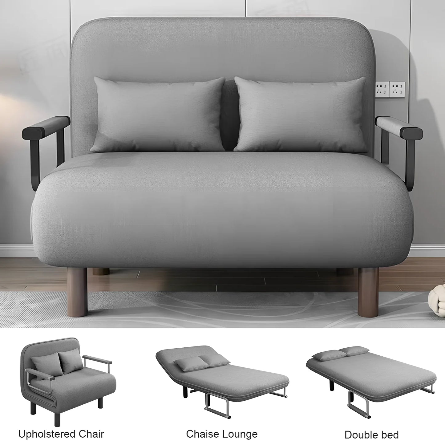 Gray sofa bed in a room setting with additional views of chair, chaise lounge, and double bed.