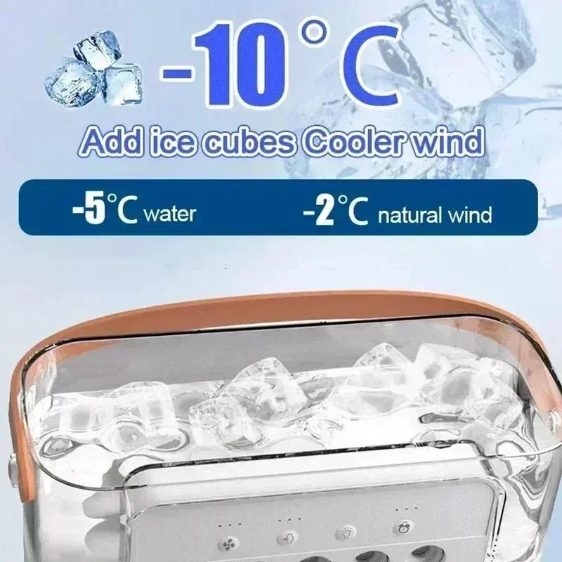 Ice cube cooler with temperature indicators on a blue background
