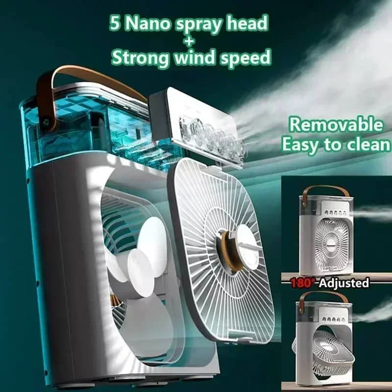 Portable fan with features highlighted on a green background