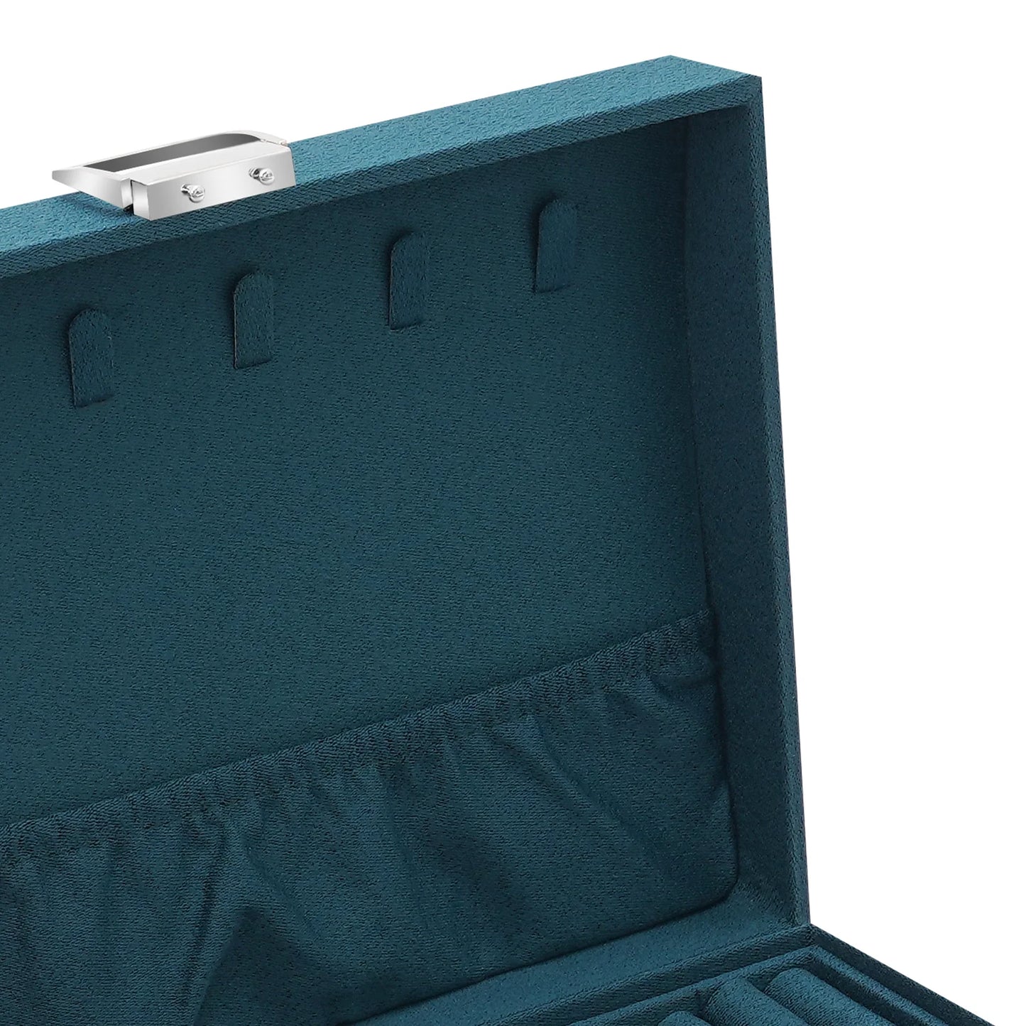 Teal jewelry box with interior details on a white background