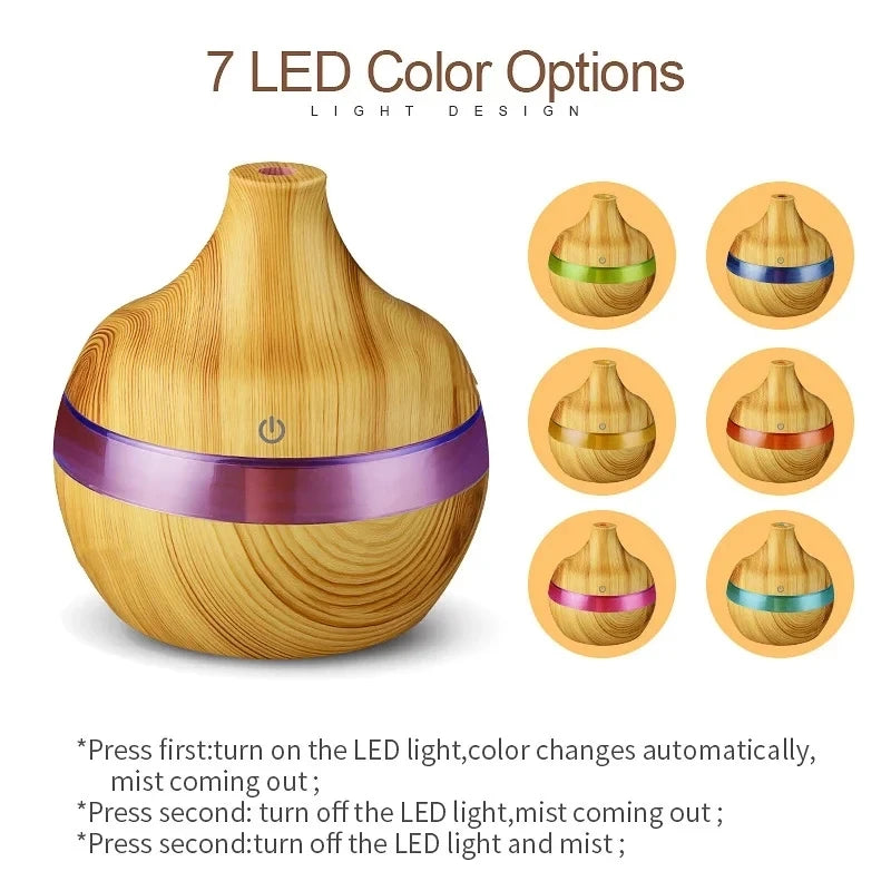 Wooden diffuser with LED color options on a white background