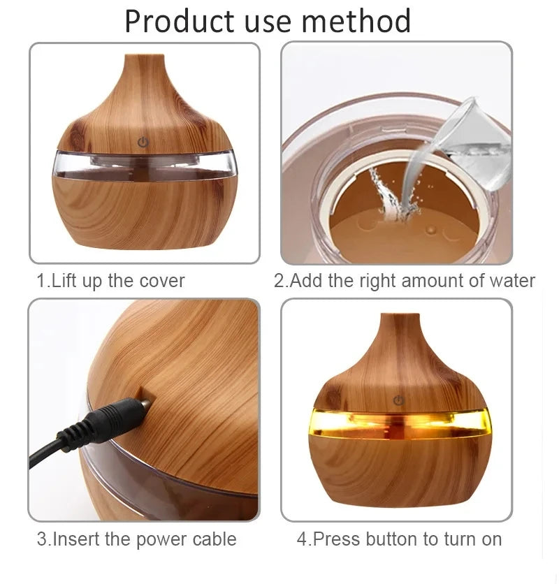 Step-by-step instructions for using a wooden diffuser with water being added.