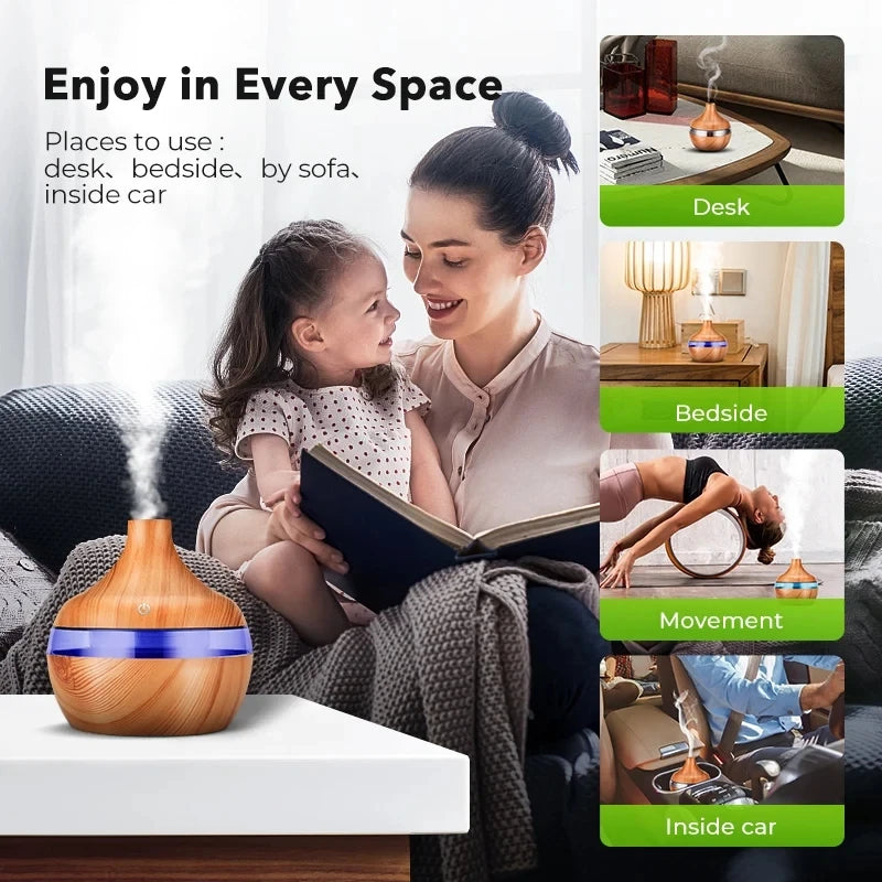 Woman and child reading a book with a wooden diffuser emitting steam, shown in various settings.