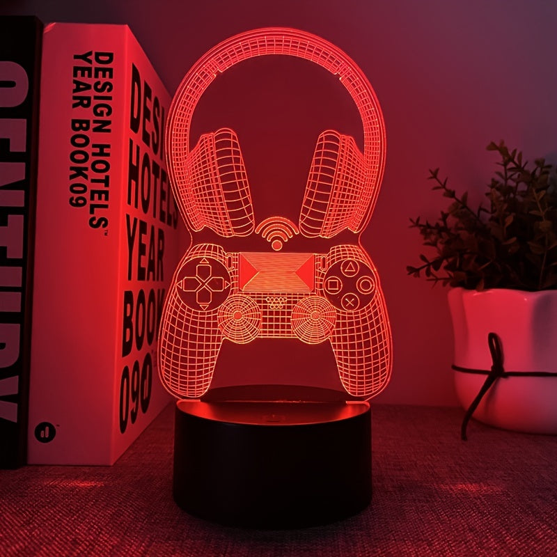 3D LED lamp shaped like a gaming controller and headphones on a dark background