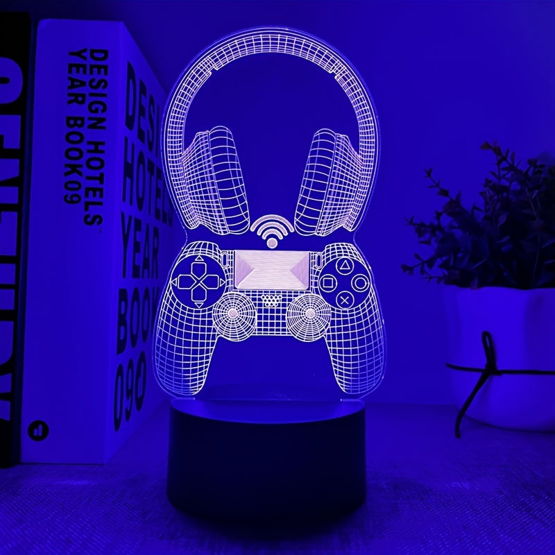 3D LED lamp shaped like a gaming controller and headphones on a dark background