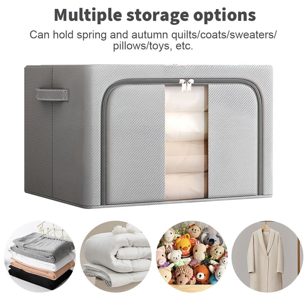 Gray storage box with transparent lid showing folded items, surrounded by smaller images of folded clothes, stuffed toys, and a coat.