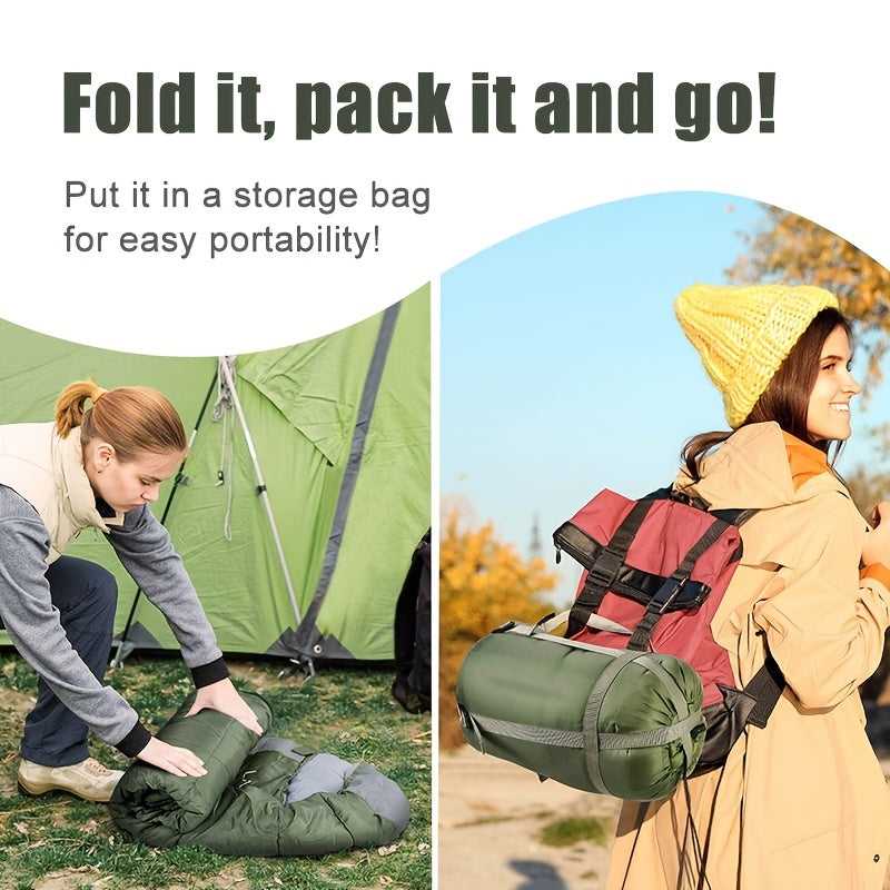 Person packing a sleeping bag into a storage bag with text 'Fold it, pack it and go!'.