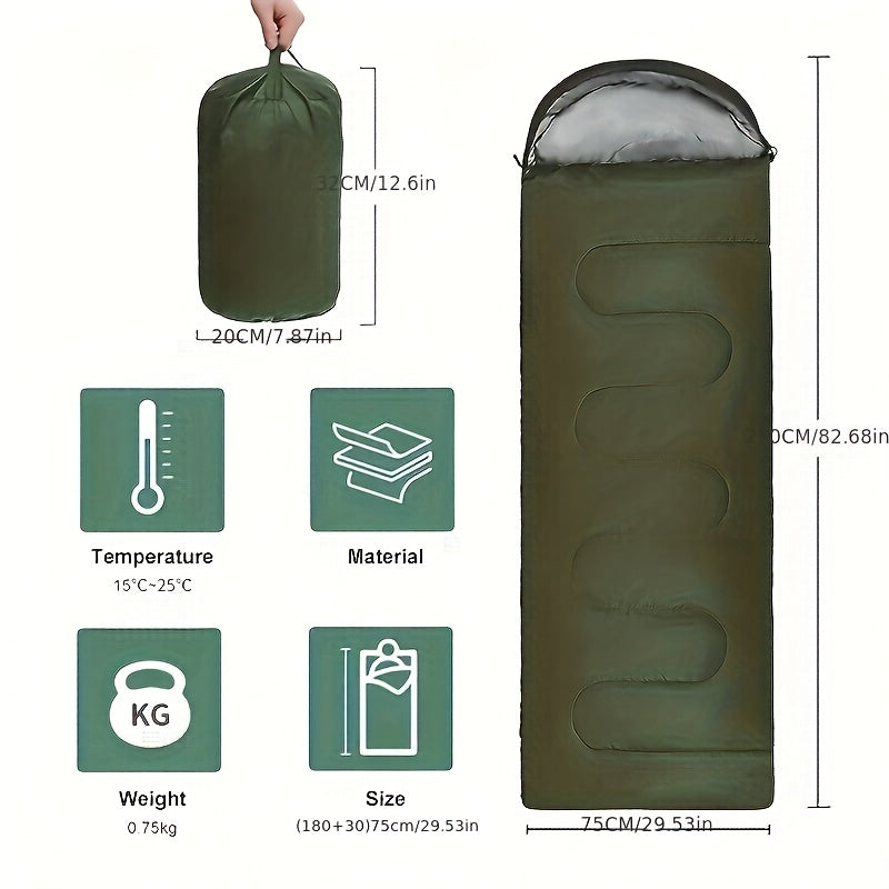 Green sleeping bag with dimensions, material, temperature range, weight, and size information displayed.