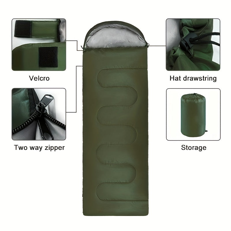 Green sleeping bag with features highlighted on a white background