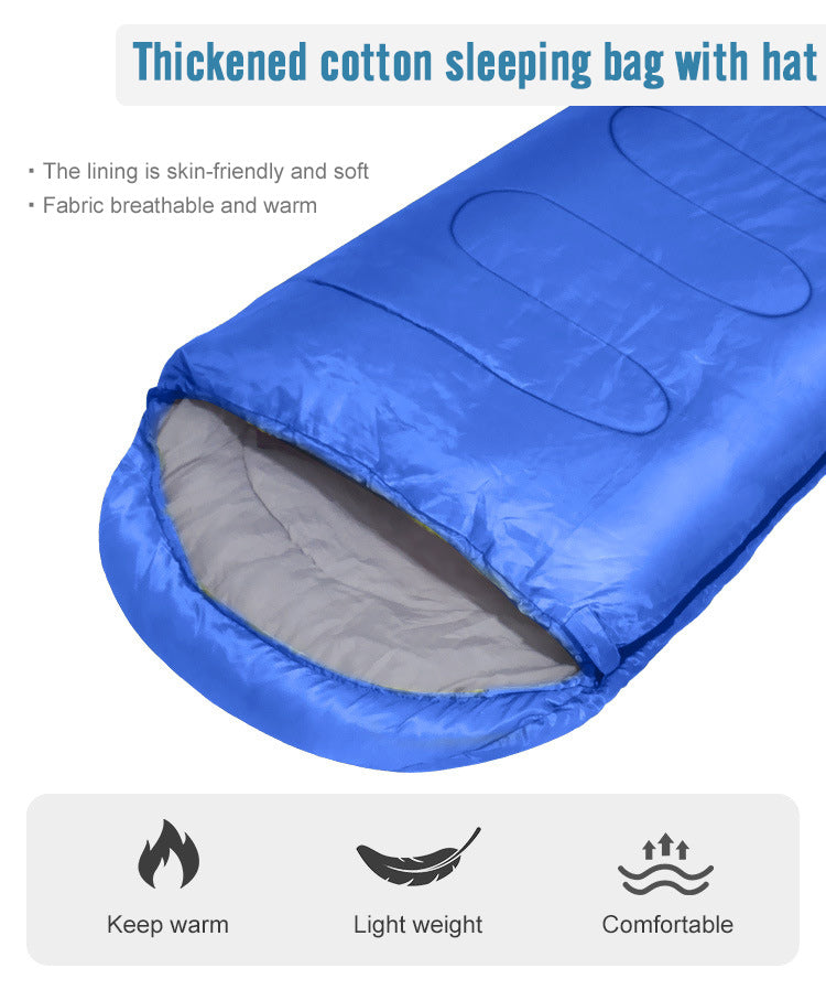 Blue thickened cotton sleeping bag with hat on a white background