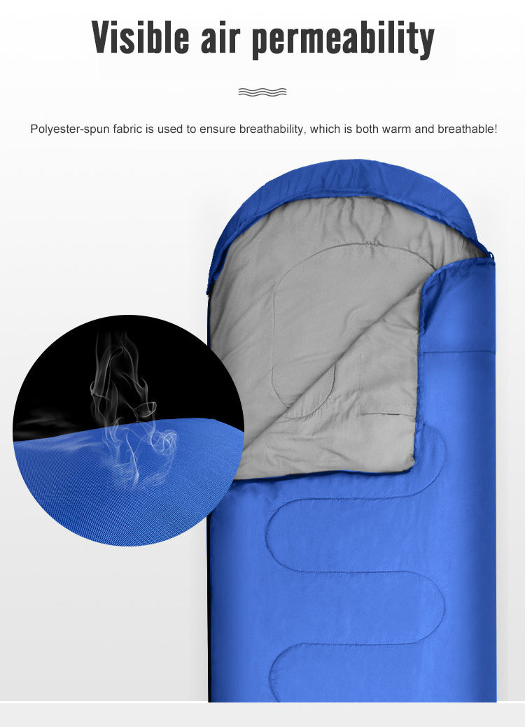 Blue sleeping bag with gray interior, emphasizing air permeability and breathable fabric.