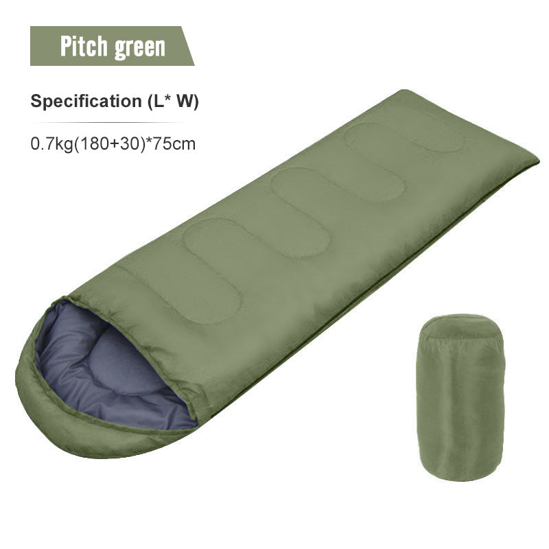 Green sleeping bag with specifications on a white background