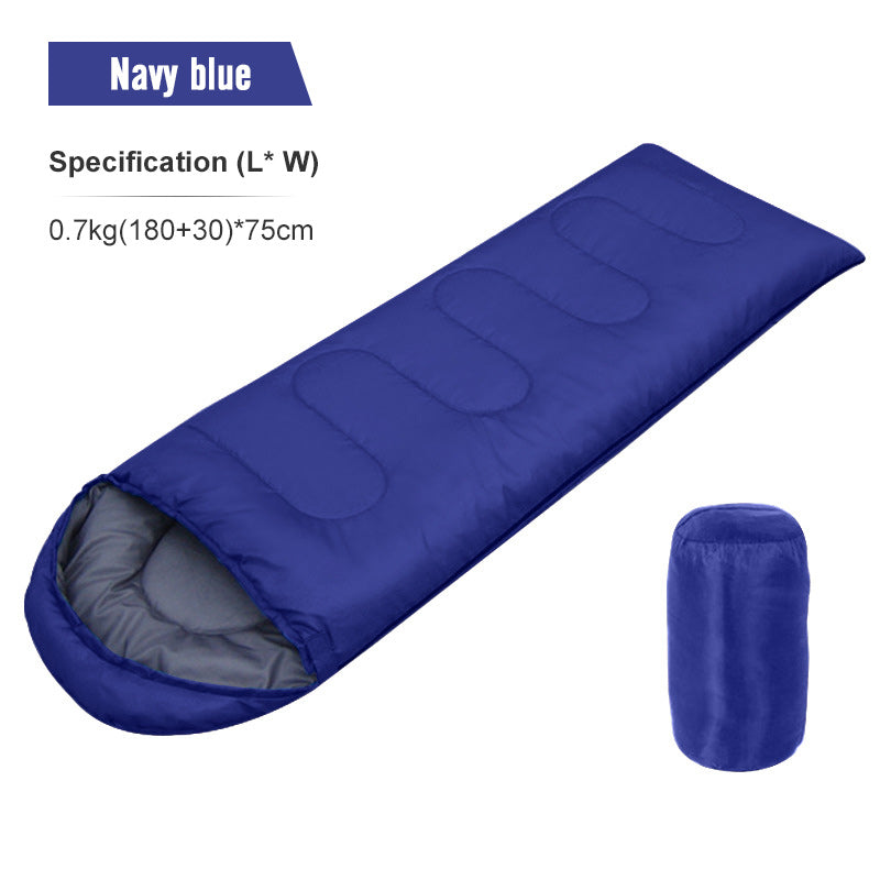 Navy blue sleeping bag with specifications on a white background