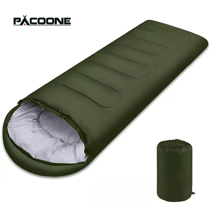 Green sleeping bag with white interior and matching storage bag on a white background, featuring the Pacoone brand.
