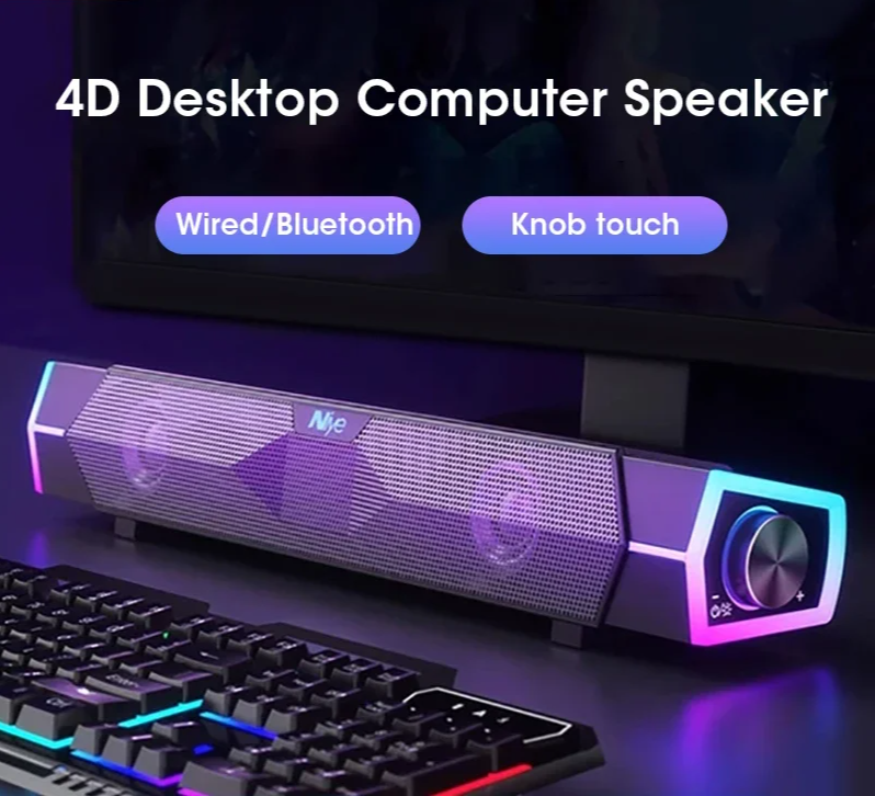 4D Desktop Computer Speaker with LED lights on a desk setup