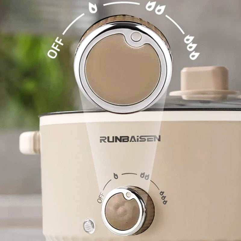 Beige electric pressure cooker with RUNBAISEN branding on a blurred kitchen background