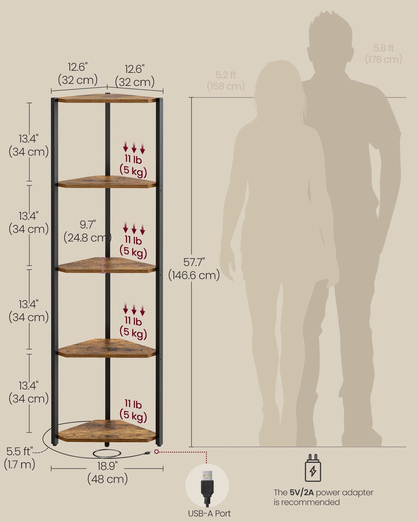 Shelving unit with dimensions and weight capacity shown, alongside a silhouette of a person for scale.