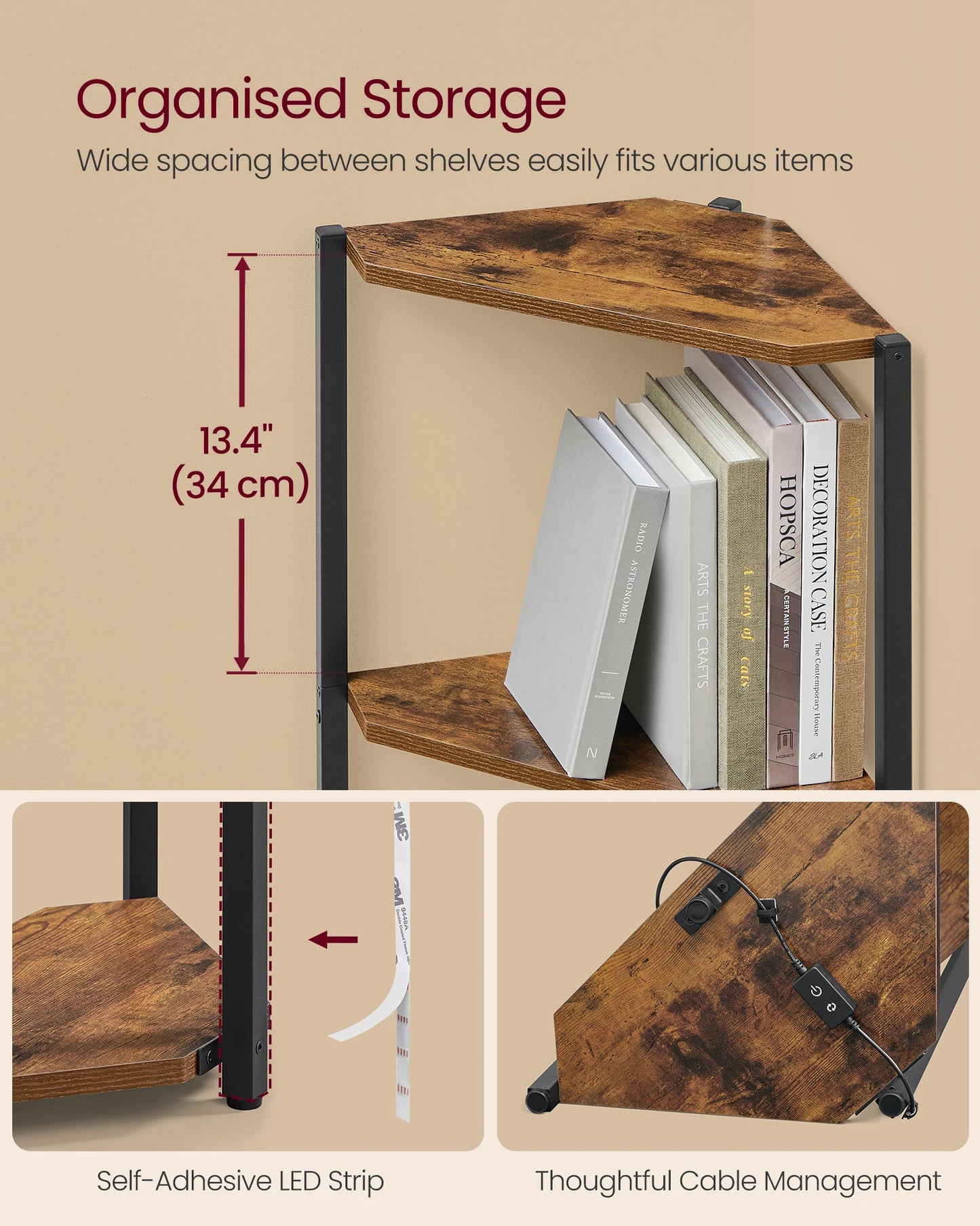 Corner shelf with books and measurements on a beige background